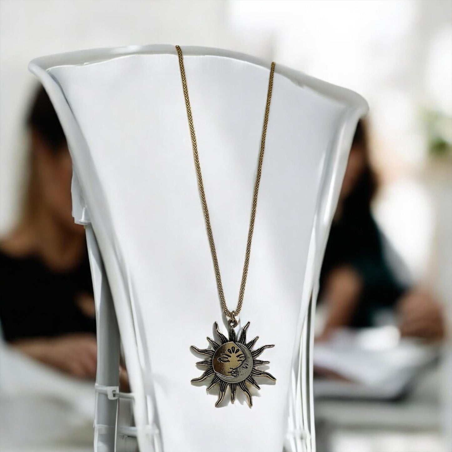 18K Gold Plated Antique Bronze Sun Pendant Necklace – Vintage Sun Charm with Detailed Face Design 18 inc