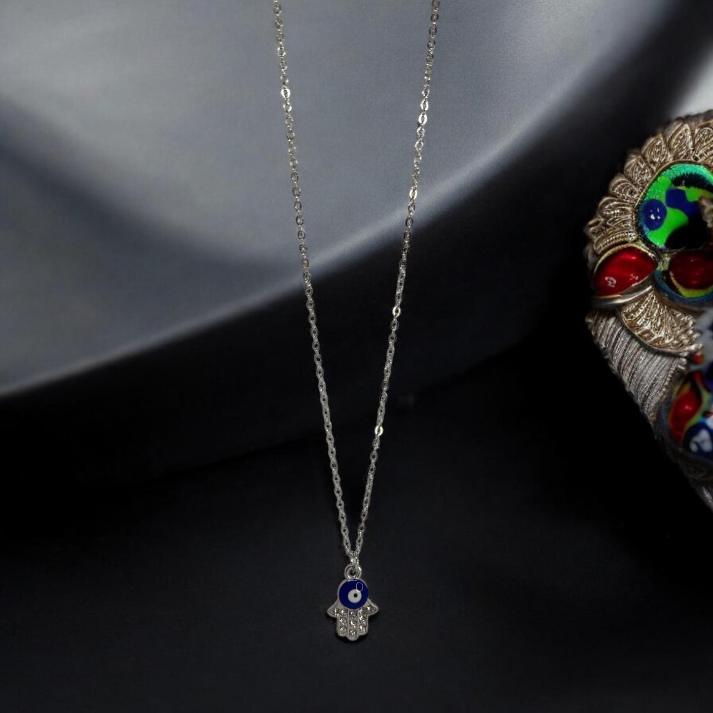 Protective Amulet Necklace: Hamsa Hand with Evil Eye Charm