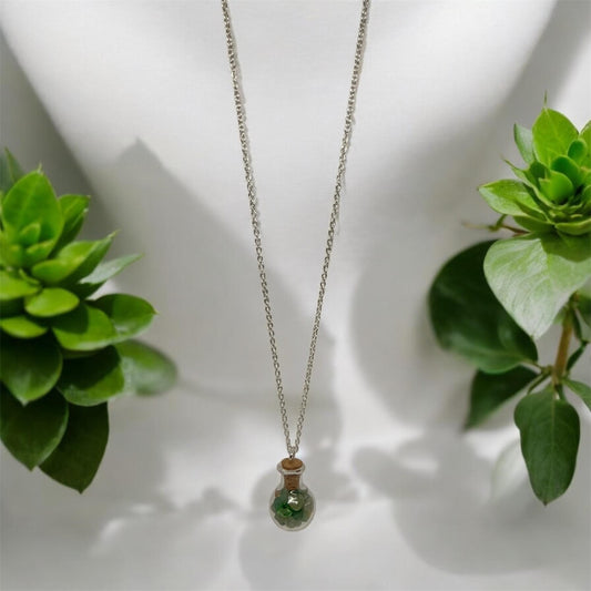 Nature-Inspired Resin Bottle Necklace with Real Gemstones – 16 to 18 Inch Adjustable Chain