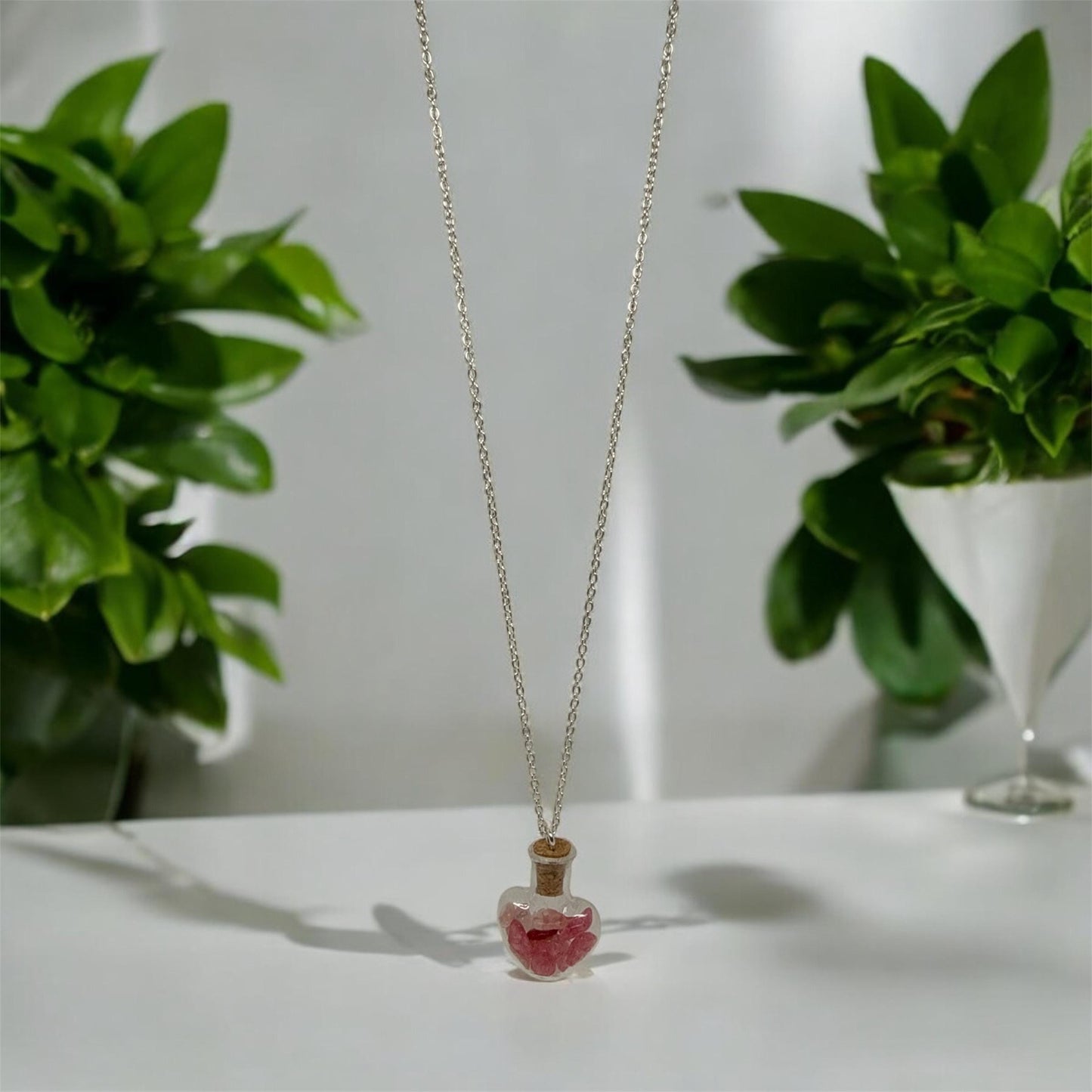 Nature-Inspired Resin Bottle Necklace with Real Gemstones – 16 to 18 Inch Adjustable Chain