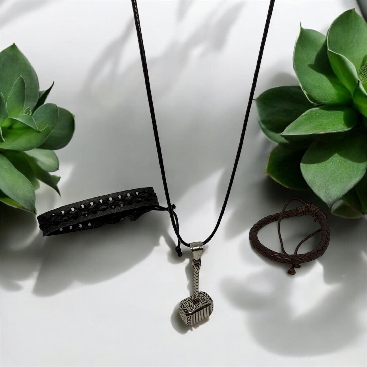 Handcrafted Nordic-Inspired Jewelry Set with Adjustable Bracelets and Hammer Pendant