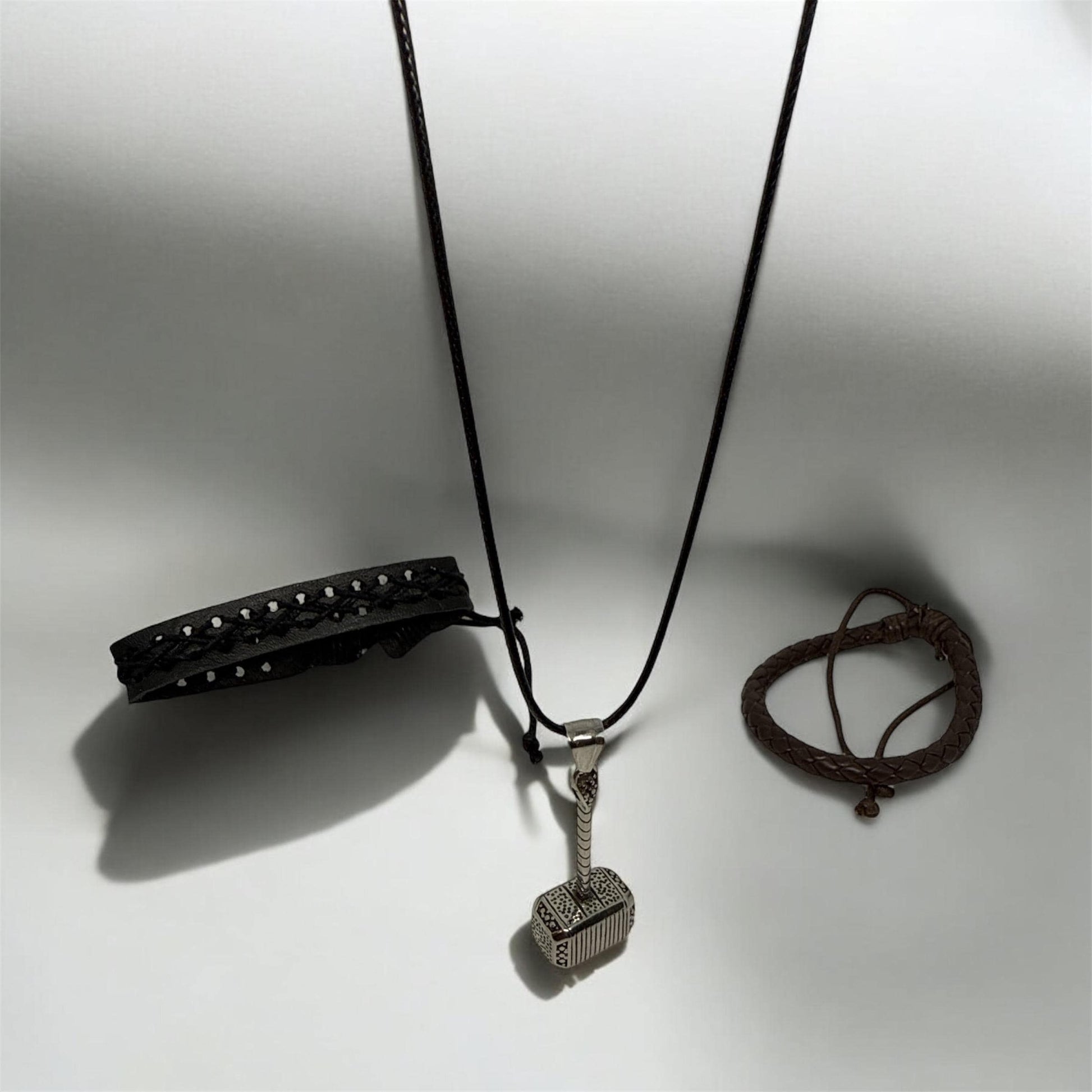 Handcrafted Nordic-Inspired Jewelry Set with Adjustable Bracelets and Hammer Pendant