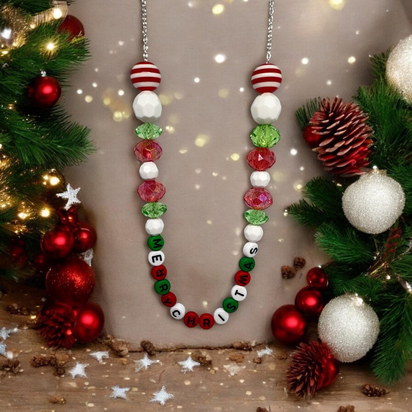 Christmas Jewelry Set - Merry Christmas Necklace, Bracelet & Candy Cane Earrings | Festive Holiday Beaded Set in Red, Green, White