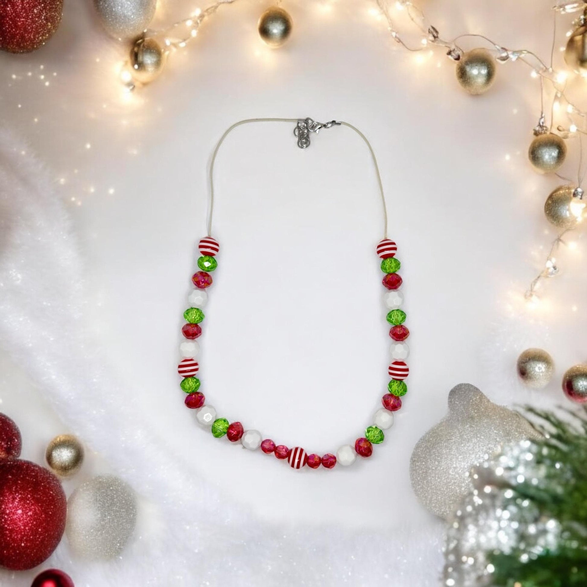 Handmade Christmas Necklace - Festive Red, Green & White Beads with Candy Cane Stripes - Perfect Holiday Accessory and Gift!