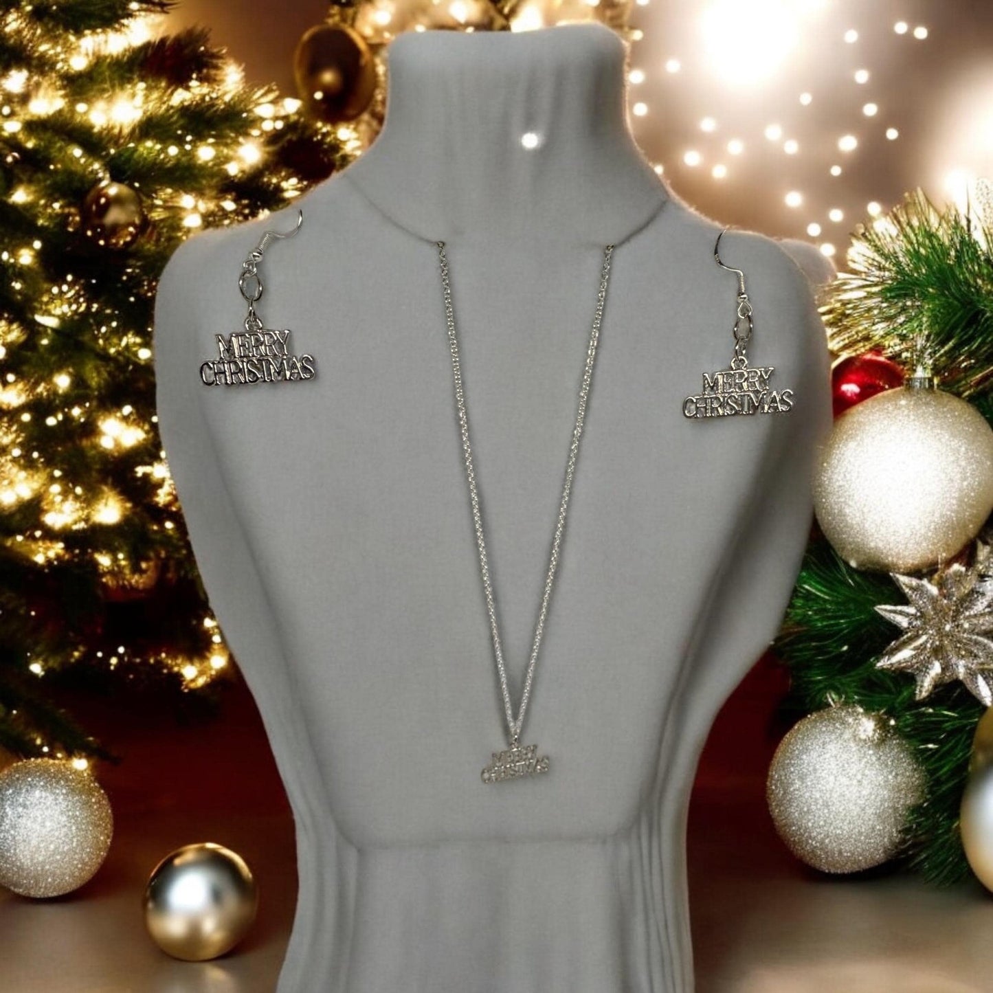 Christmas Gift Jewelry Set - ‘Merry Christmas’ Necklace & Earrings in Gold and Silver