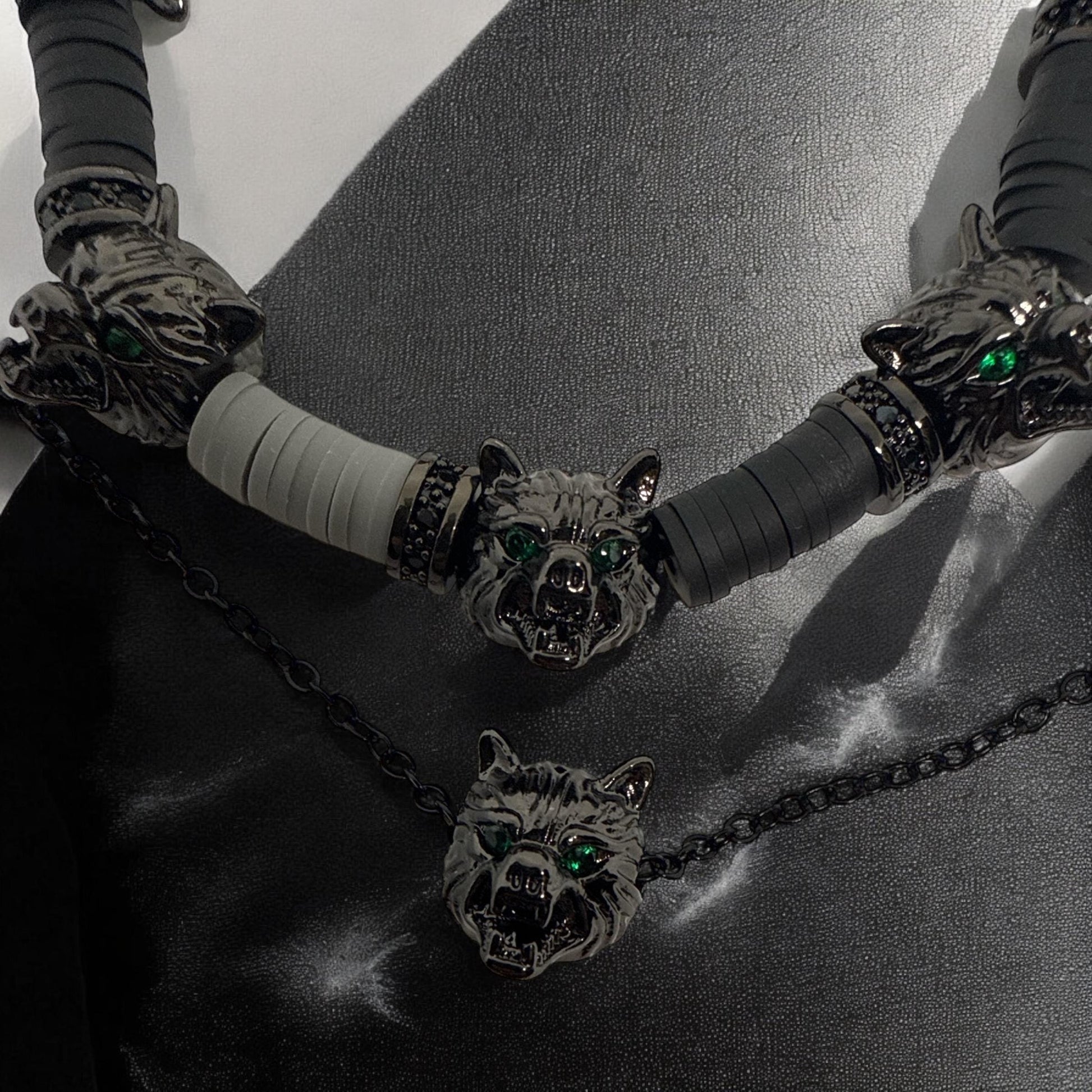 Gothic Wolf Head Bracelet and Necklace - Fierce Green-Eyed Jewelry Set