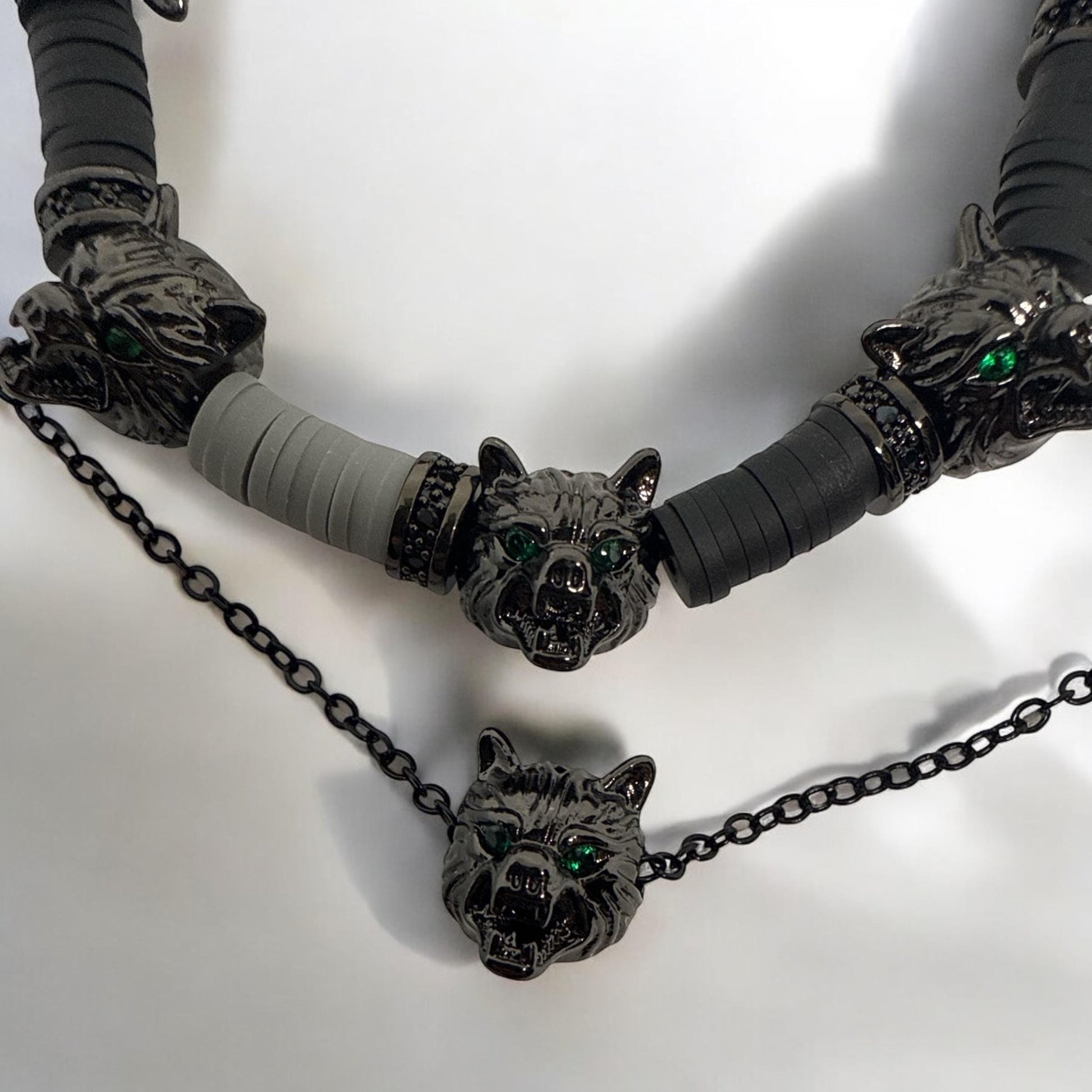 Gothic Wolf Head Bracelet and Necklace - Fierce Green-Eyed Jewelry Set