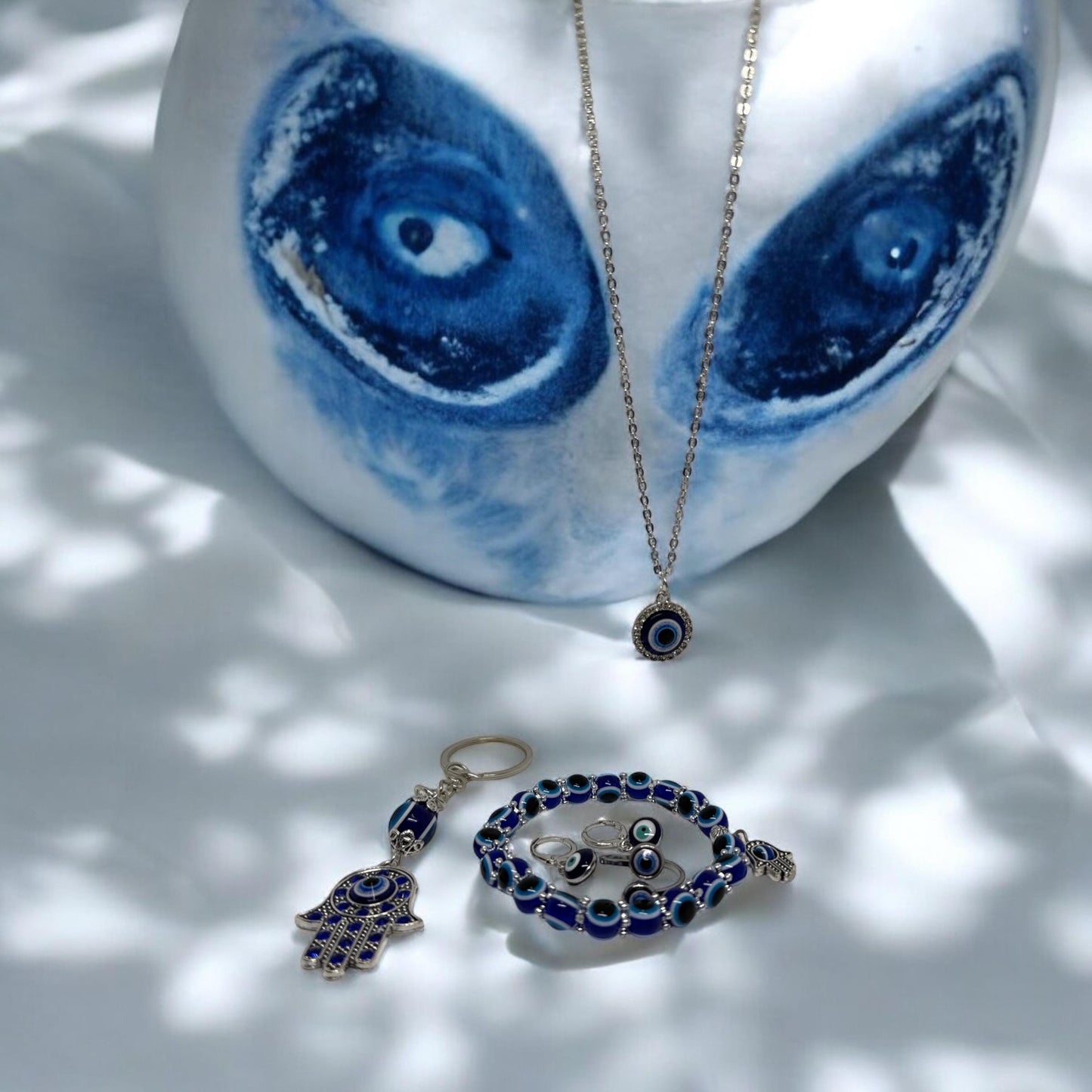 Complete Protection Set: Evil Eye Necklace, Bracelet, Earrings, Ring & Hamsa Keychain