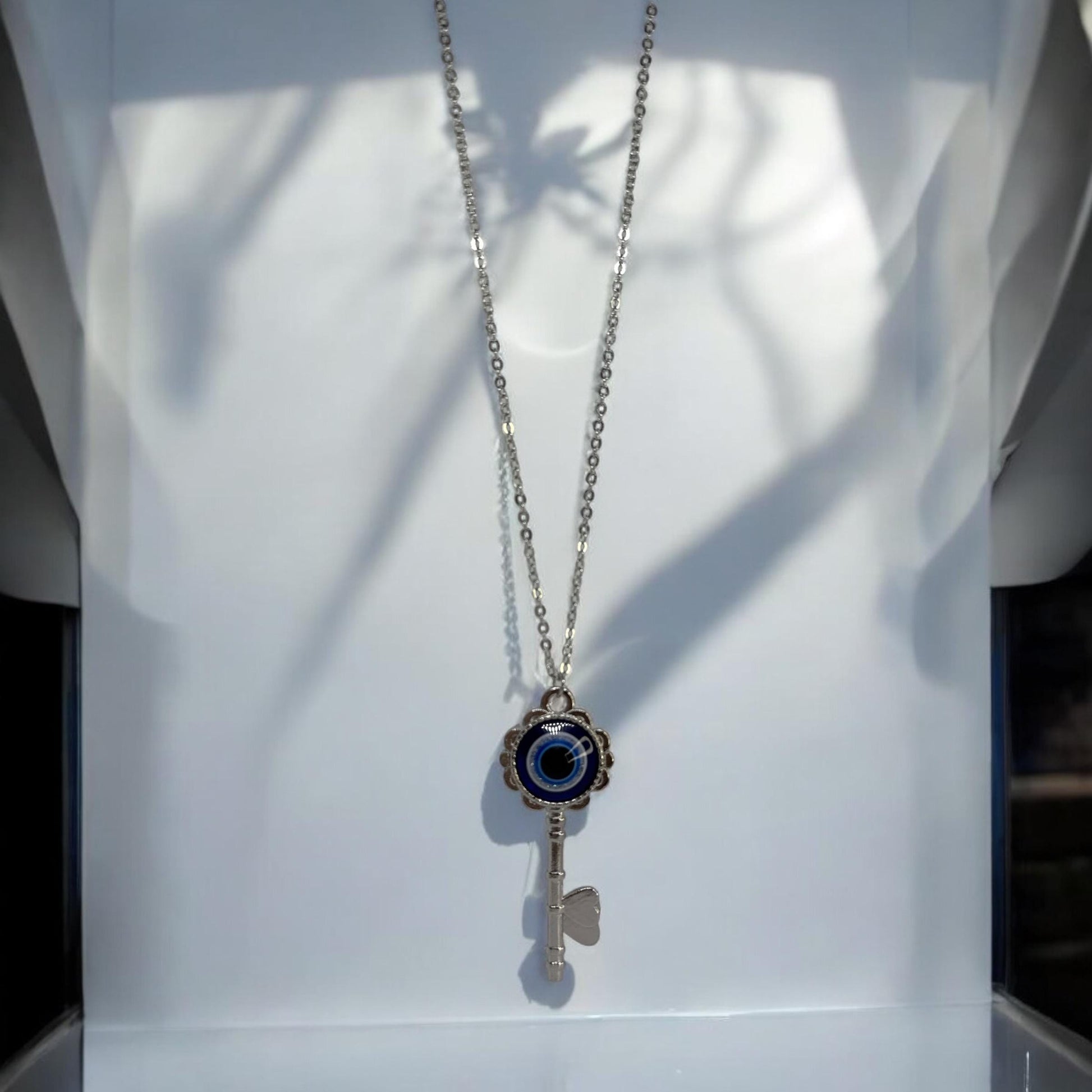 Handcrafted Silver Key Necklace with Evil Eye - Unique Gift Idea