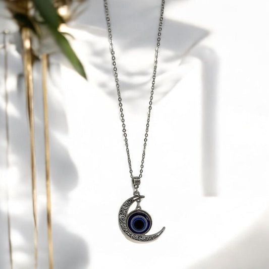 Elegant Crescent Moon Pendant with Blue Nazar Bead