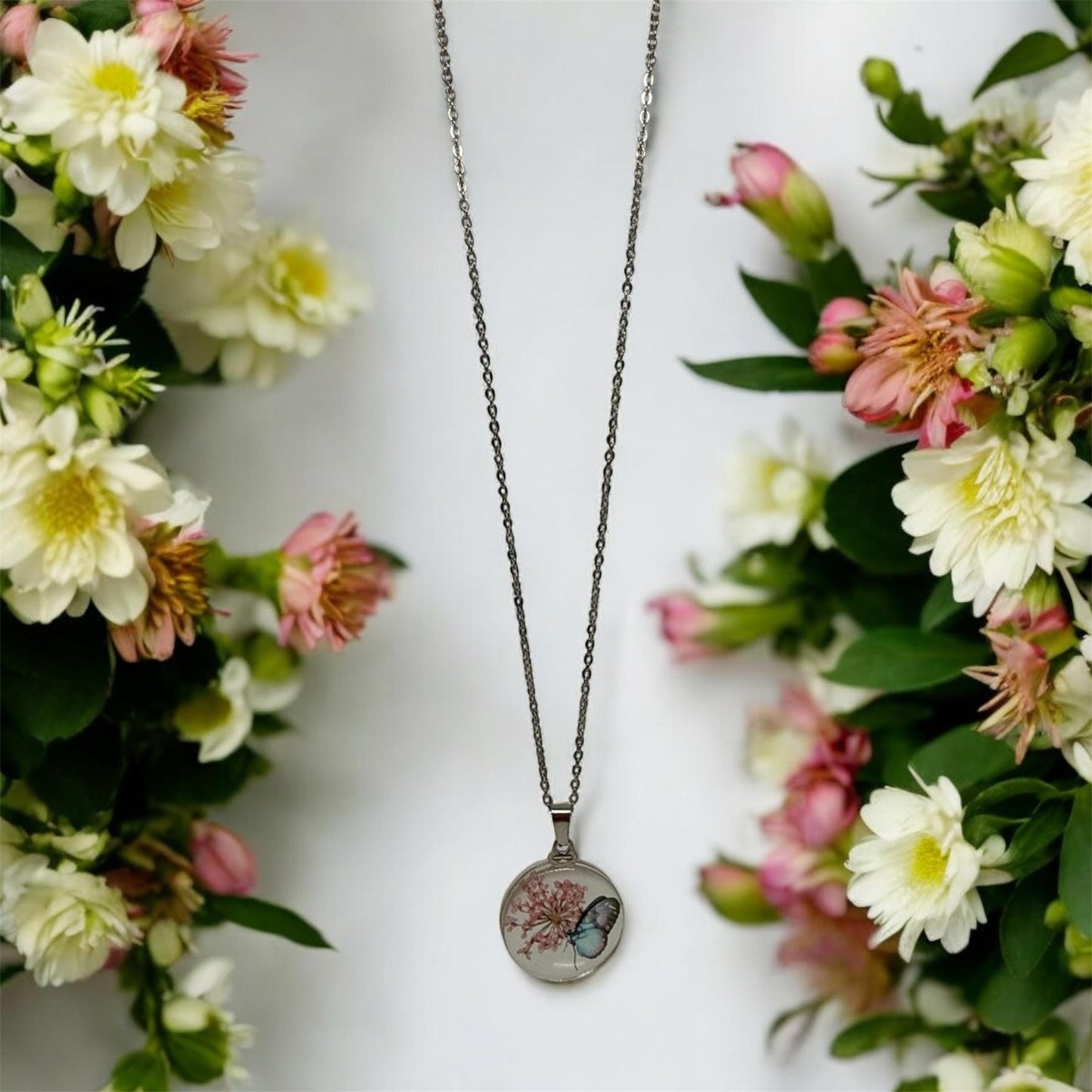 Nature-Inspired Layered Resin Necklace with Real Flowers and Butterfly – 17 Inch Stainless Steel Chain