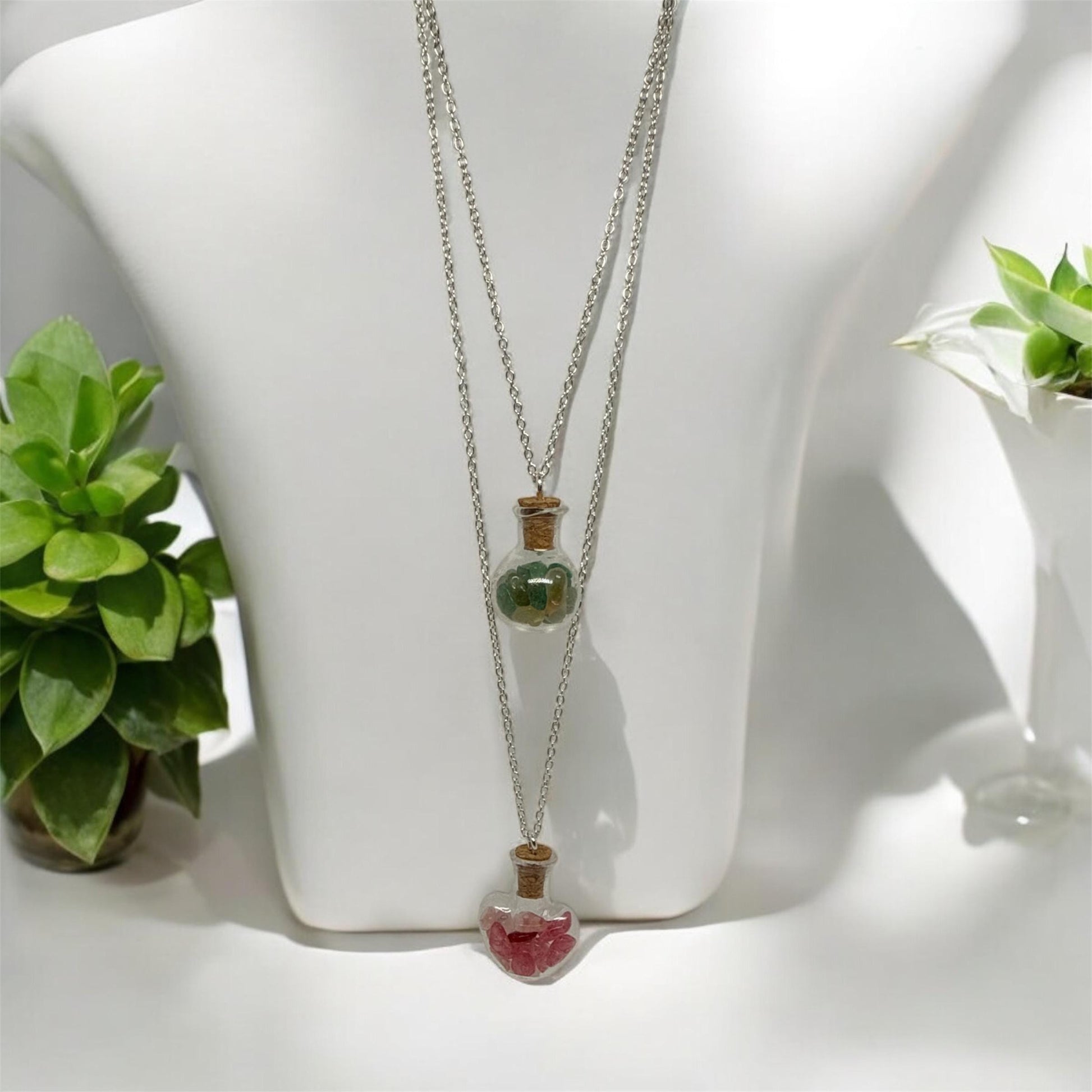 Nature-Inspired Resin Bottle Necklace with Real Gemstones – 16 to 18 Inch Adjustable Chain