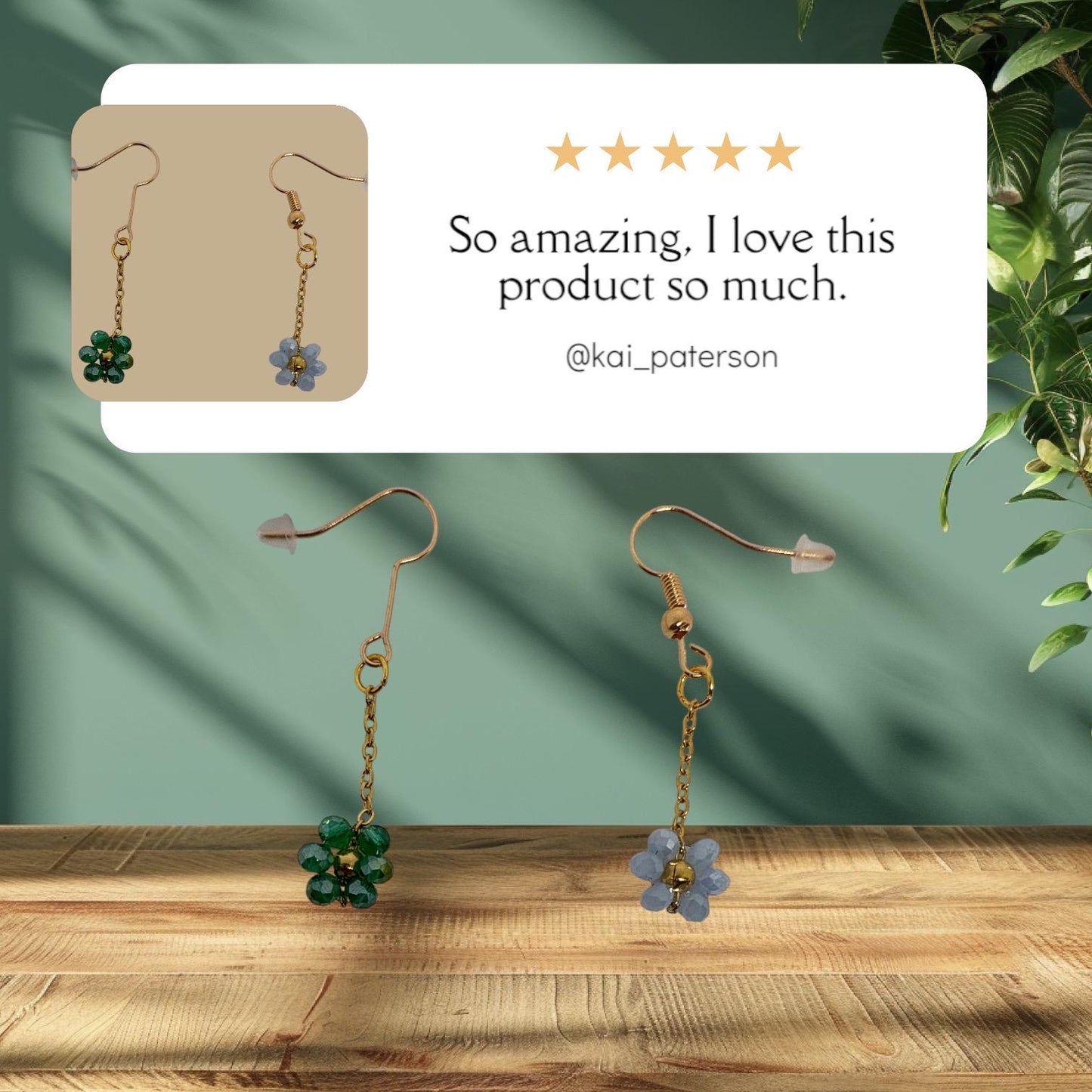 Handmade Mismatched Flower Earrings - Green and Ice Blue Beaded Dangle Earrings, Unique Floral Jewelry