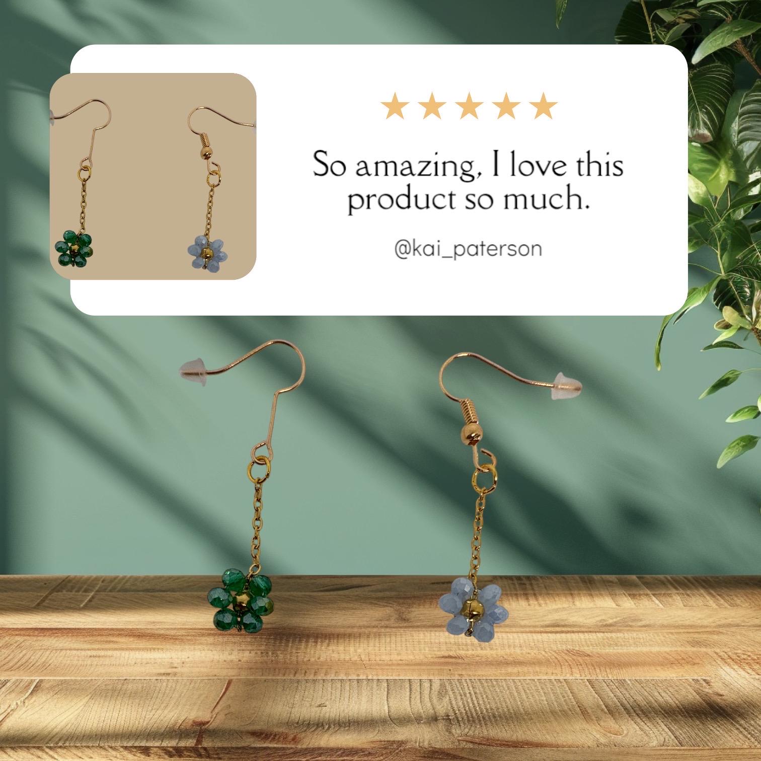 Handmade Mismatched Flower Earrings - Green and Ice Blue Beaded Dangle Earrings, Unique Floral Jewelry