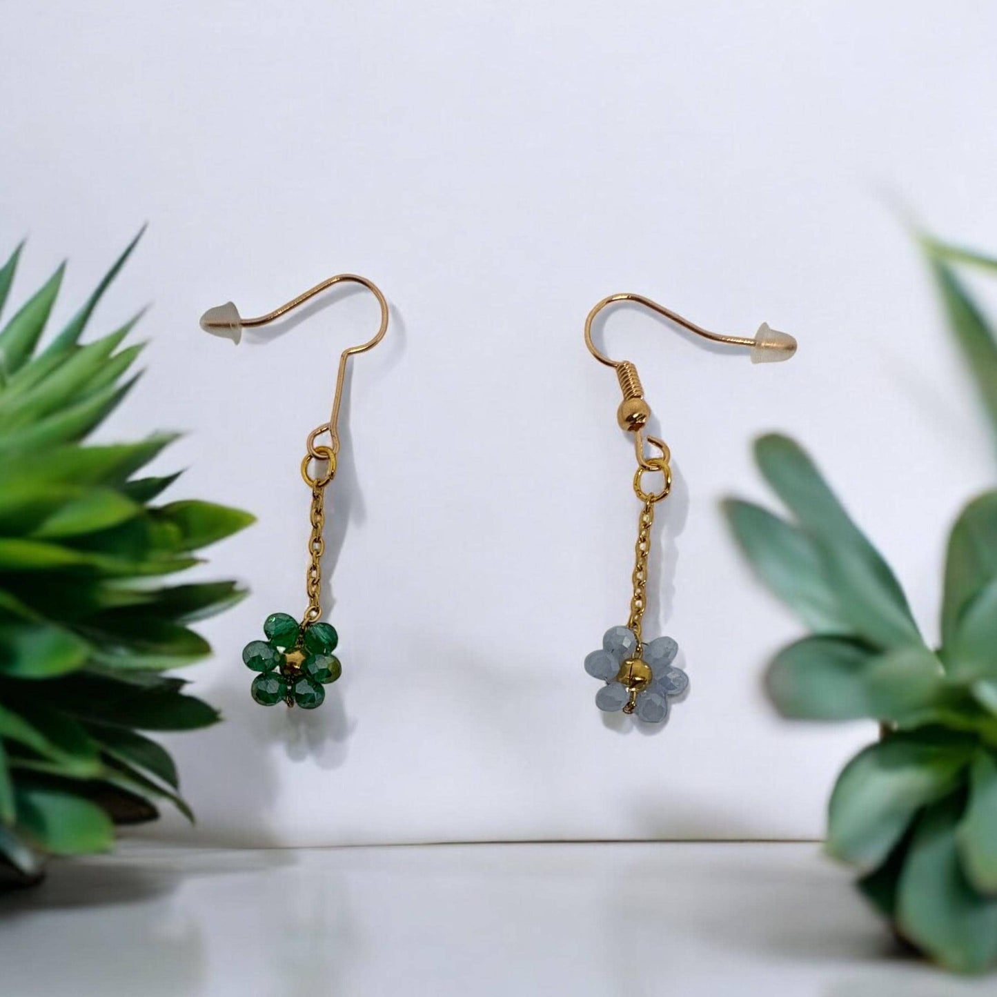 Handmade Mismatched Flower Earrings - Green and Ice Blue Beaded Dangle Earrings, Unique Floral Jewelry