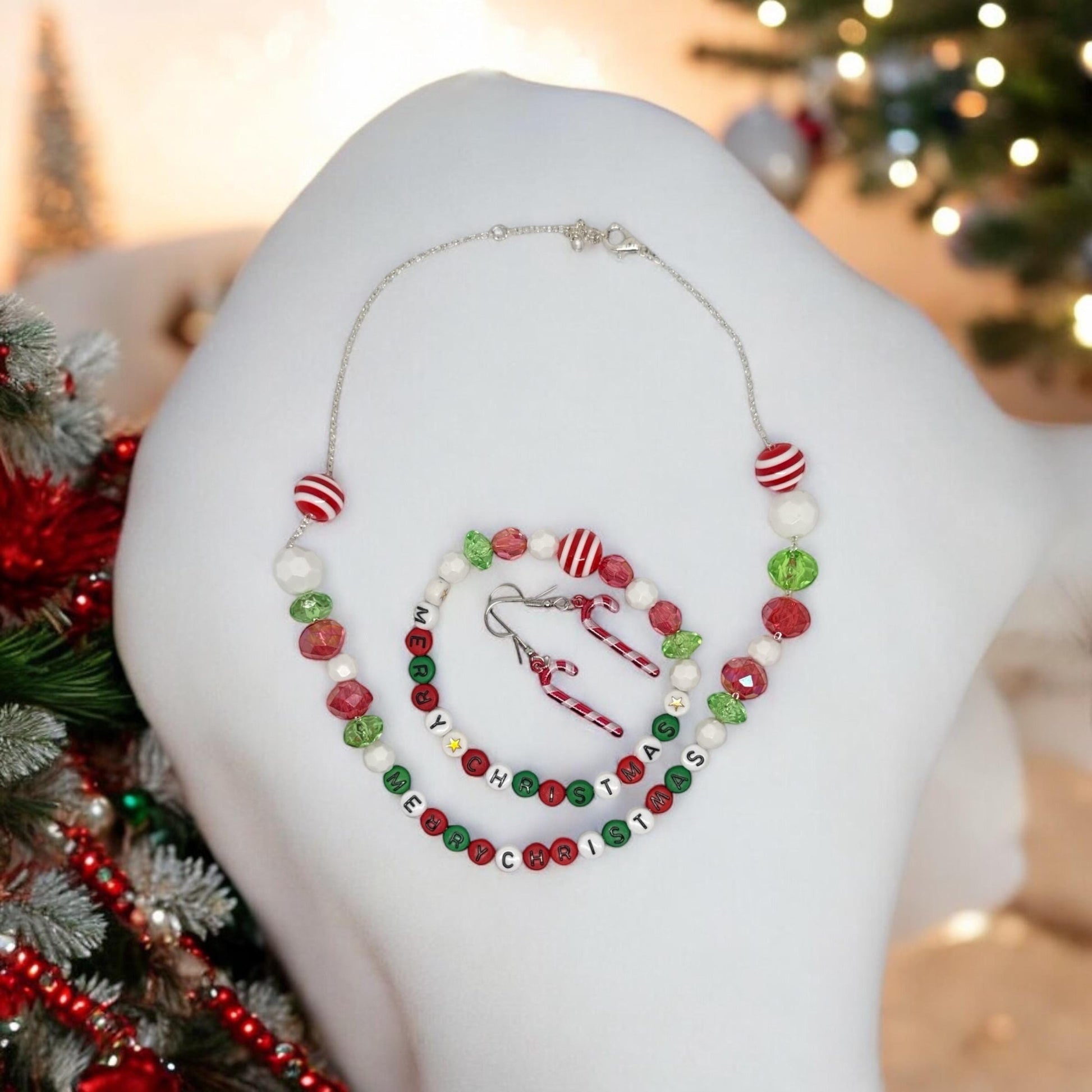 Christmas Jewelry Set - Merry Christmas Necklace, Bracelet & Candy Cane Earrings | Festive Holiday Beaded Set in Red, Green, White