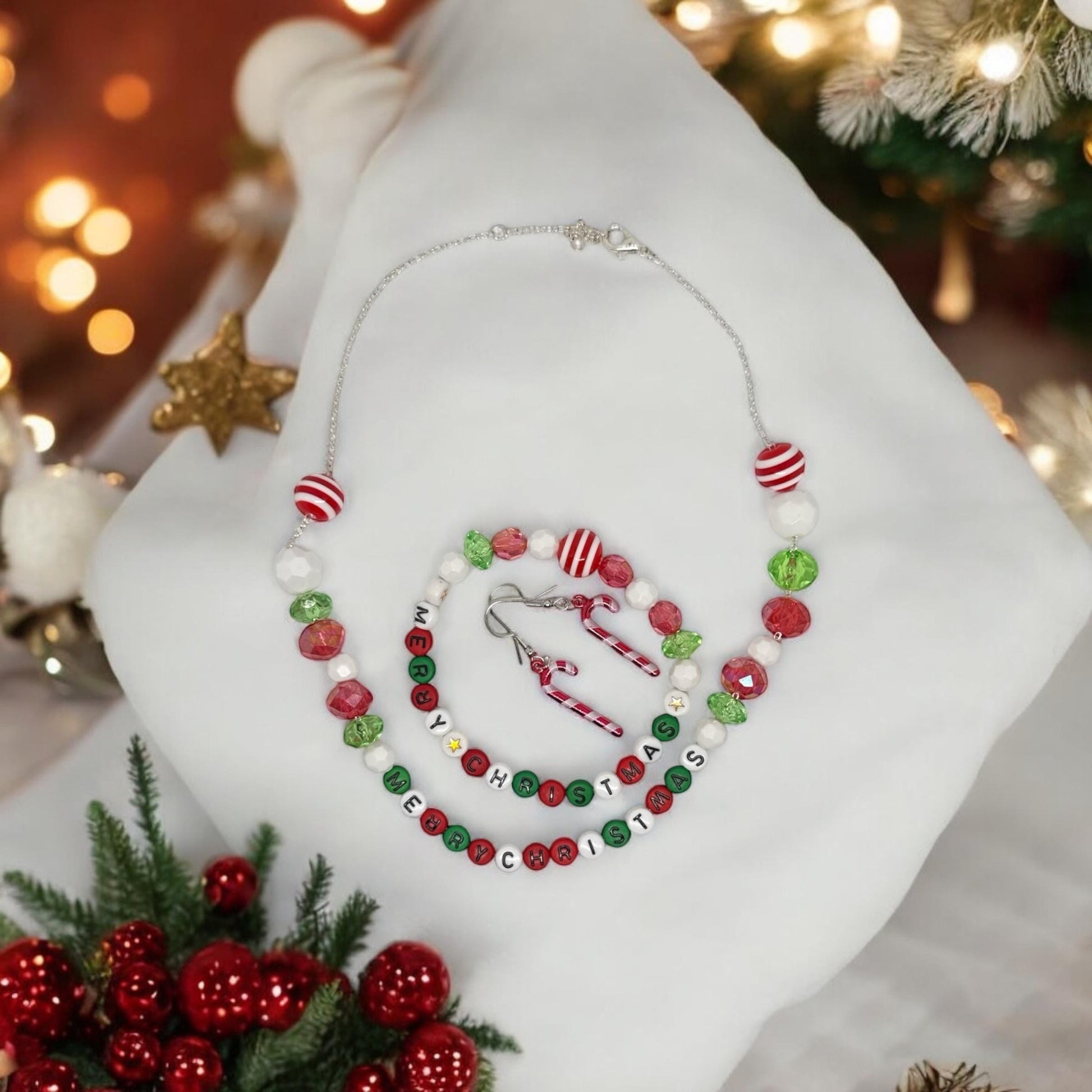 Christmas Jewelry Set - Merry Christmas Necklace, Bracelet & Candy Cane Earrings | Festive Holiday Beaded Set in Red, Green, White