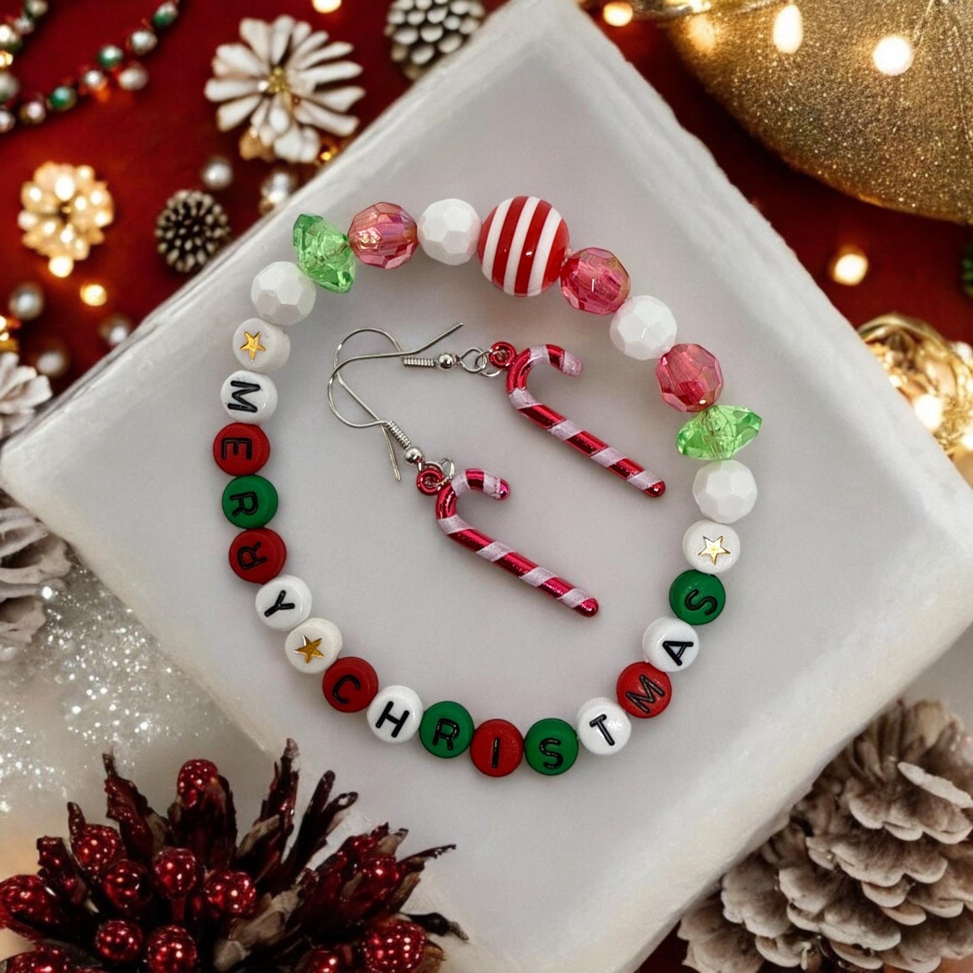 Christmas Jewelry Set - Merry Christmas Necklace, Bracelet & Candy Cane Earrings | Festive Holiday Beaded Set in Red, Green, White