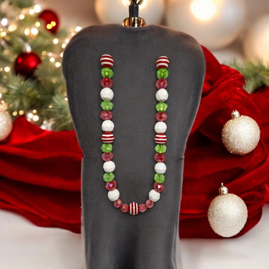 Handmade Christmas Necklace - Festive Red, Green & White Beads with Candy Cane Stripes - Perfect Holiday Accessory and Gift!