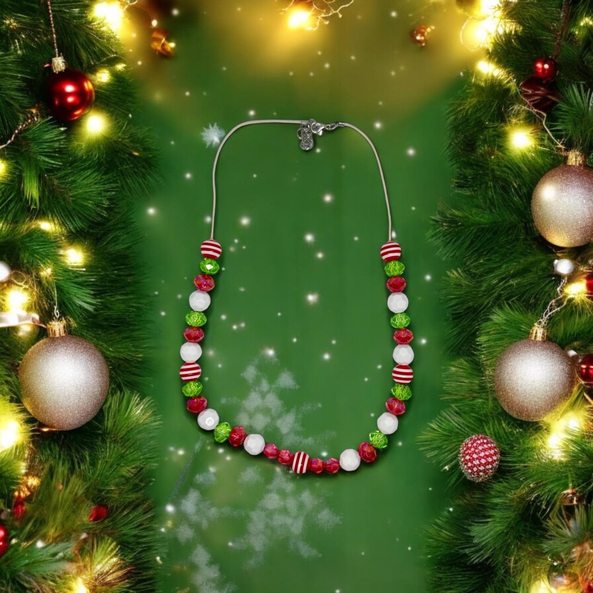 Handmade Christmas Necklace - Festive Red, Green & White Beads with Candy Cane Stripes - Perfect Holiday Accessory and Gift!