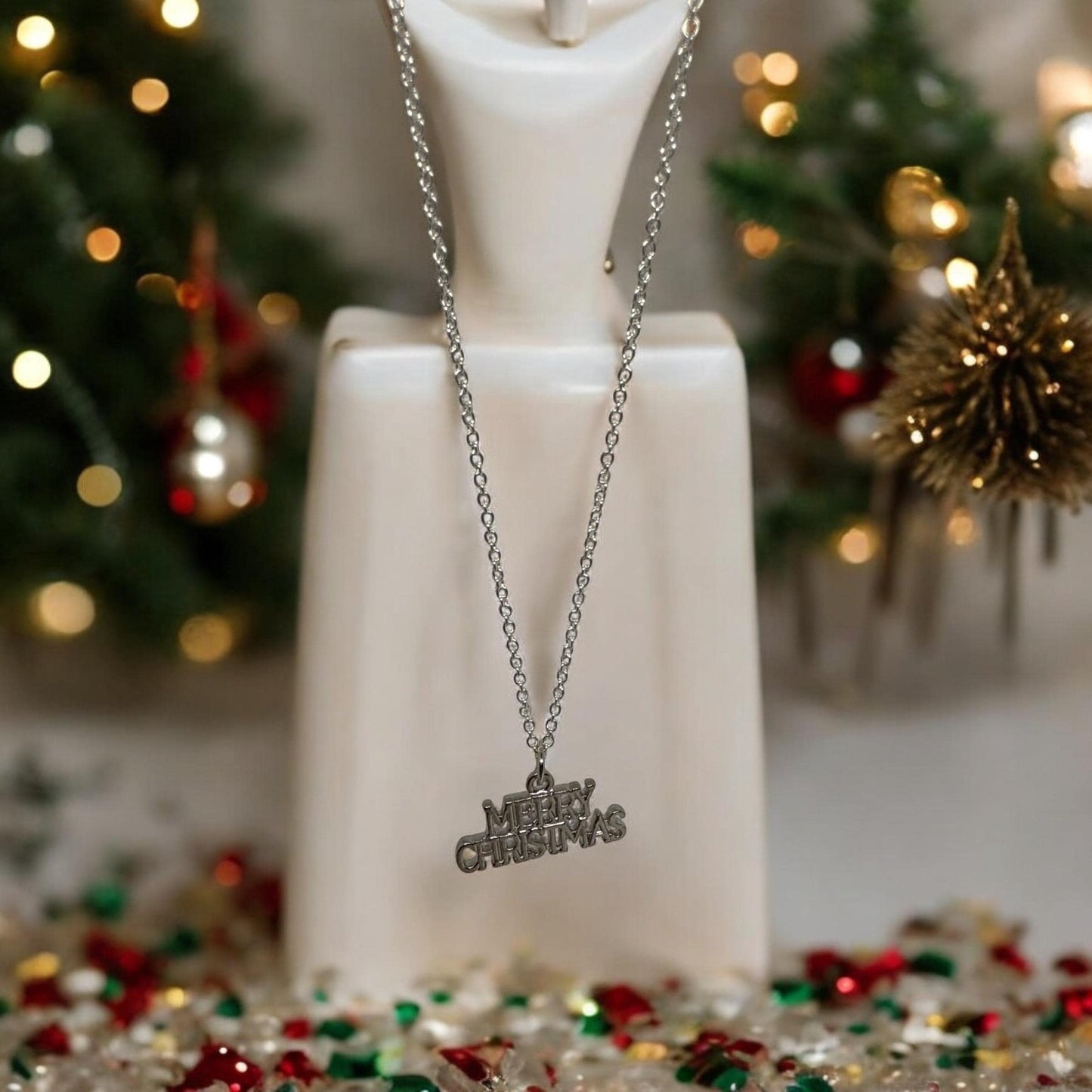 Christmas Gift Jewelry Set - ‘Merry Christmas’ Necklace & Earrings in Gold and Silver