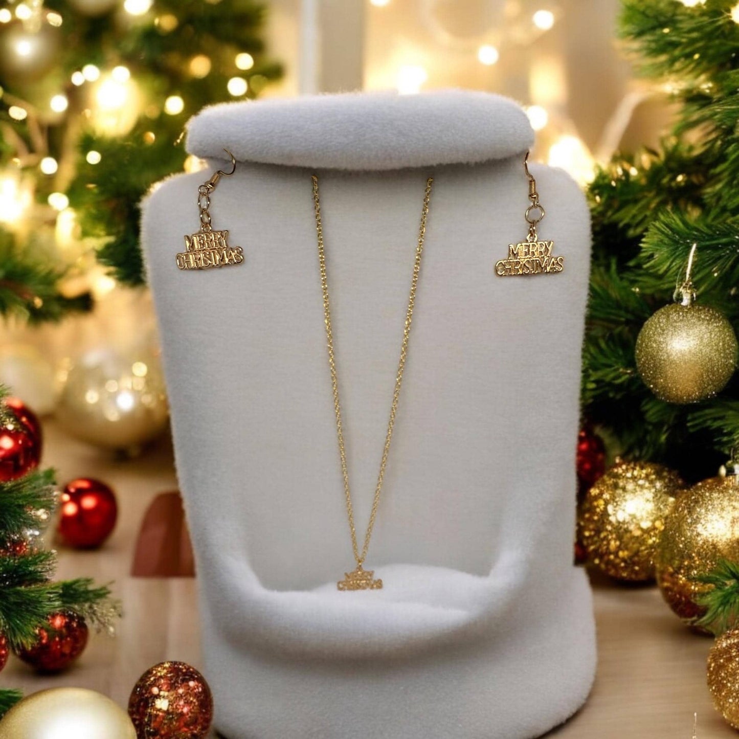 Christmas Gift Jewelry Set - ‘Merry Christmas’ Necklace & Earrings in Gold and Silver