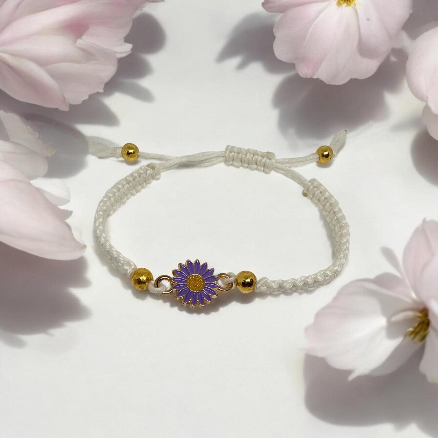 Adjustable Handcrafted Glow in the Dark Bracelet with Purple Daisy Charm - Made with Love!