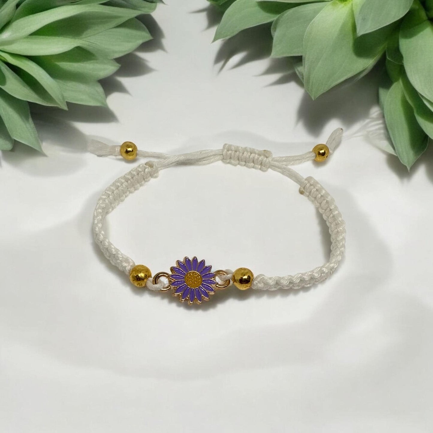 Adjustable Handcrafted Glow in the Dark Bracelet with Purple Daisy Charm - Made with Love!