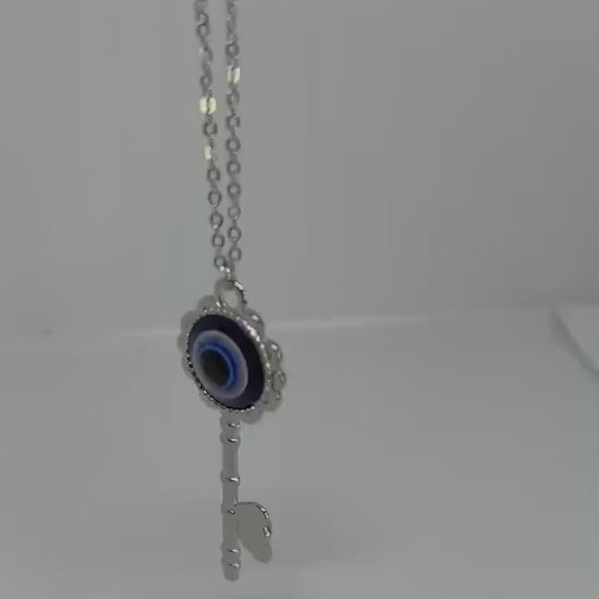 Handcrafted Silver Key Necklace with Evil Eye - Unique Gift Idea