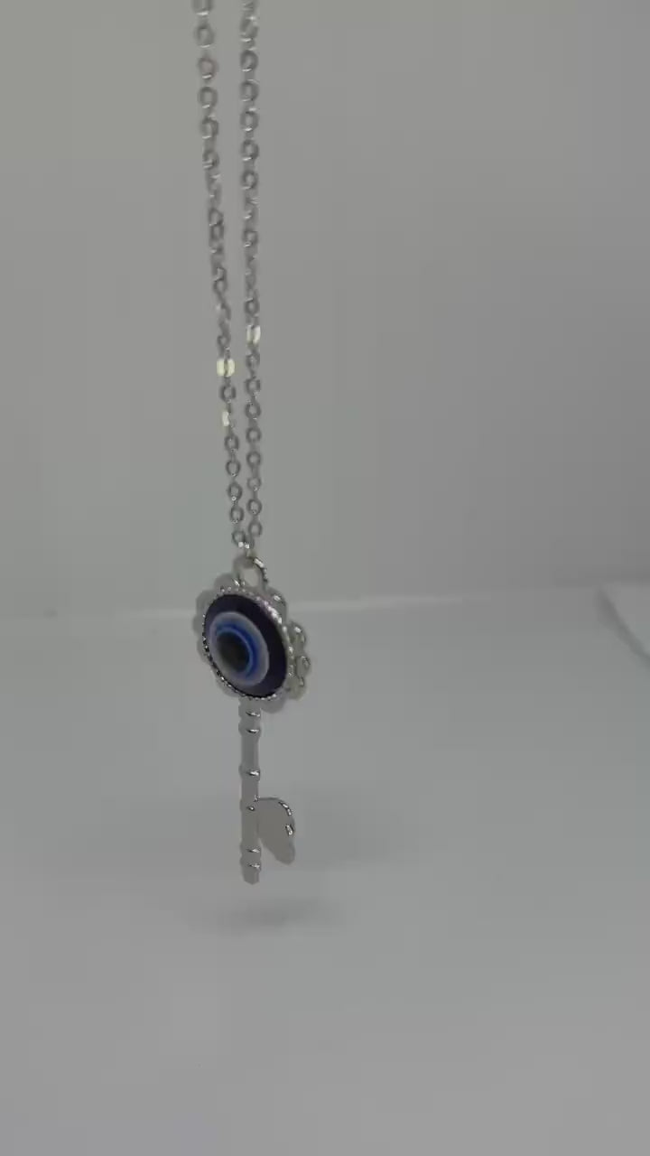 Handcrafted Silver Key Necklace with Evil Eye - Unique Gift Idea